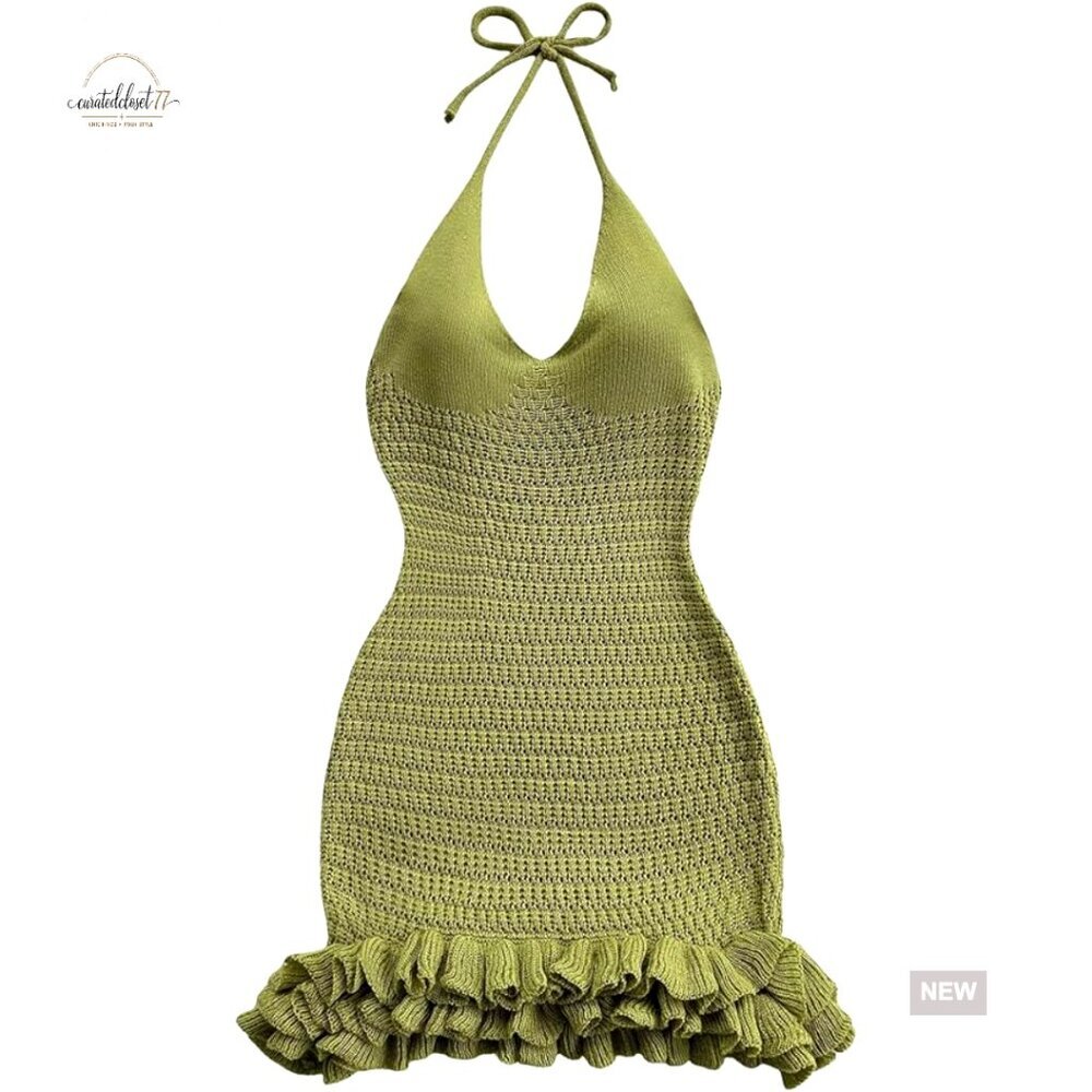 Crochet Halter Backless Mini Dress, Knit Bubble Ruffle, Summer Festival Outfit